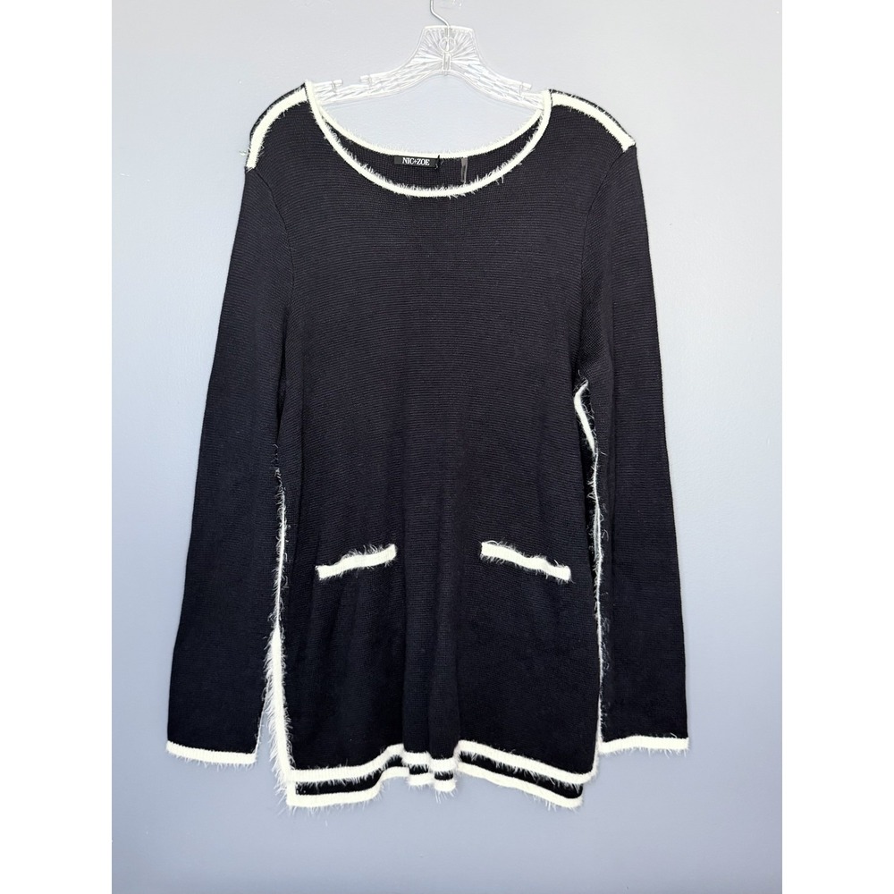 NIC+ZOE Sweater Tunic Women L Navy Blue Pockets Fringe Side Slits Knit Old Money